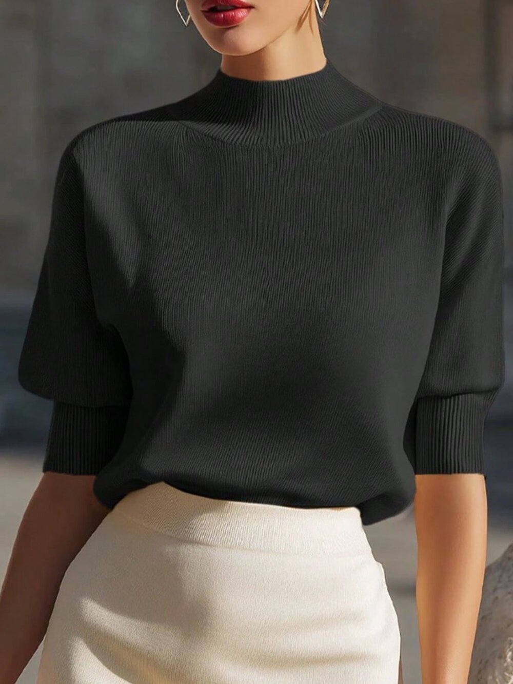Black Casual Women's Rib-Knit Dropped Shoulder V-Neck Short Sleeve Loose Top